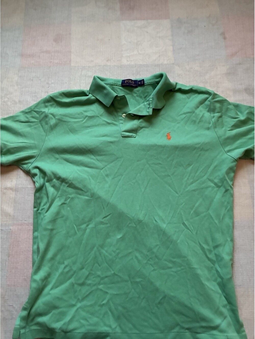 Polo Ralph Lauren Mens M Green Polo Shirt Orange Pony Short Sleeve -0003